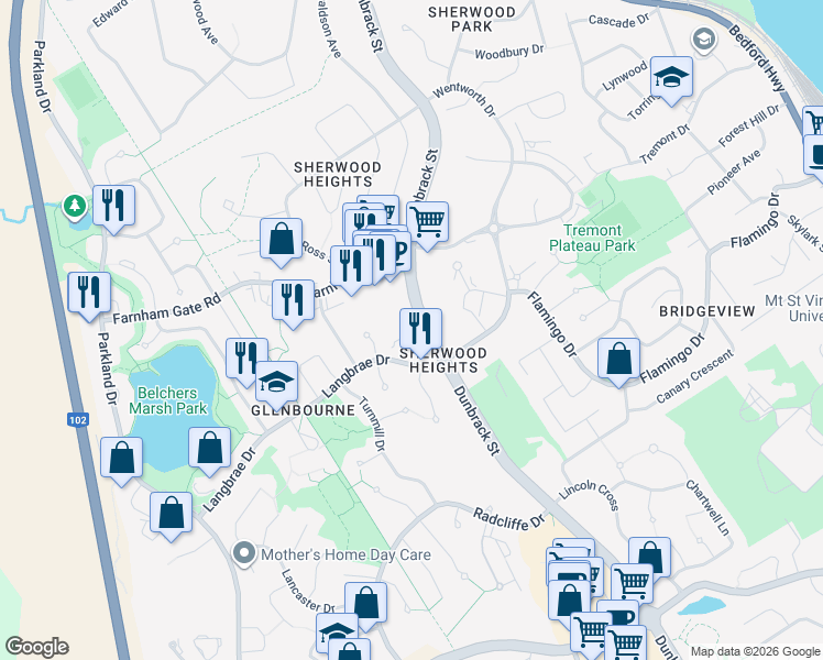 map of restaurants, bars, coffee shops, grocery stores, and more near 15 Langbrae Drive in Halifax