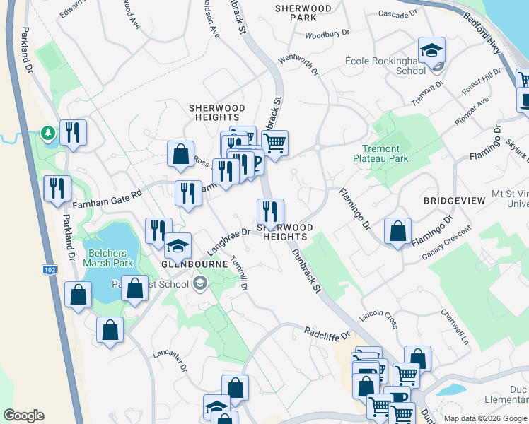 map of restaurants, bars, coffee shops, grocery stores, and more near 15 Langbrae Drive in Halifax
