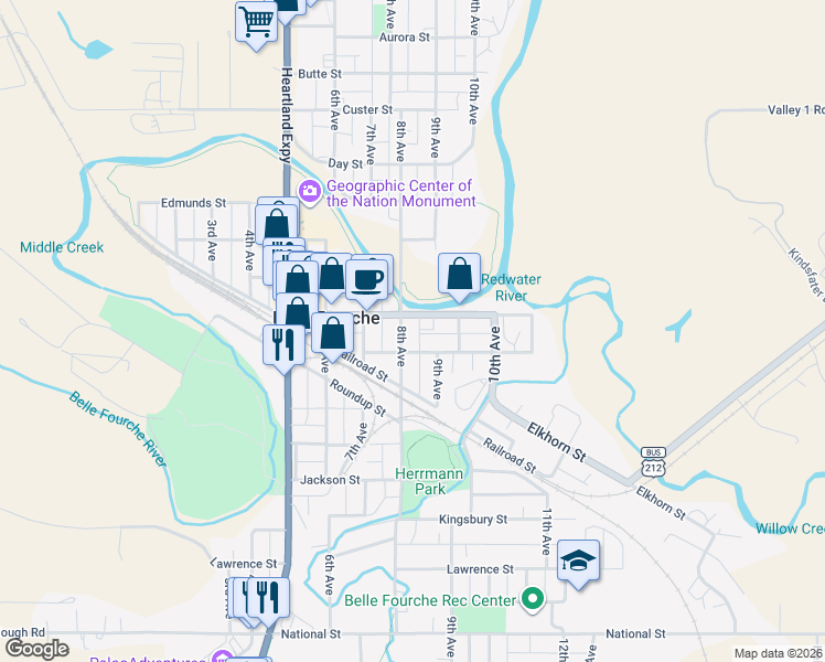 map of restaurants, bars, coffee shops, grocery stores, and more near 715 State Street in Belle Fourche