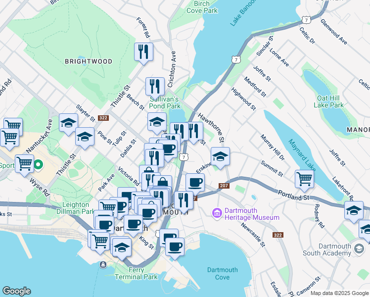 map of restaurants, bars, coffee shops, grocery stores, and more near 85 Nova Scotia 322 in Dartmouth