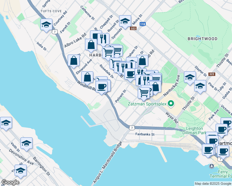 map of restaurants, bars, coffee shops, grocery stores, and more near 11 Brookside Avenue in Dartmouth