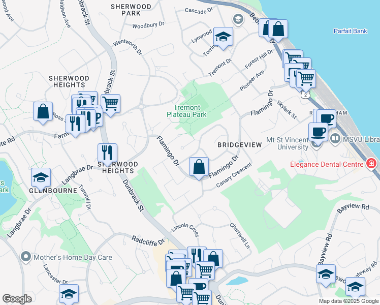 map of restaurants, bars, coffee shops, grocery stores, and more near 10 Nightingale Drive in Halifax