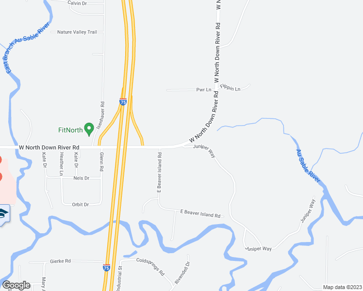 map of restaurants, bars, coffee shops, grocery stores, and more near 3301 Juniper Way in Grayling