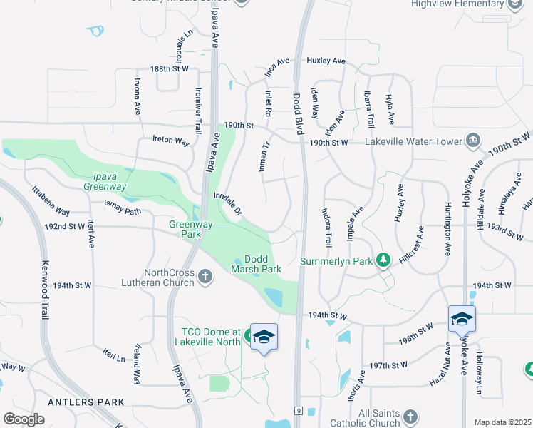 map of restaurants, bars, coffee shops, grocery stores, and more near 19121 Inman Court in Lakeville