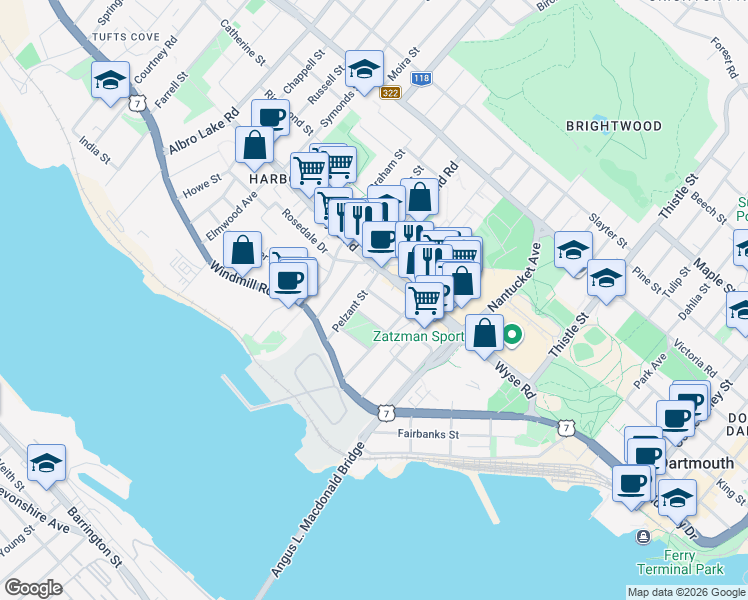 map of restaurants, bars, coffee shops, grocery stores, and more near 19 George Street in Dartmouth