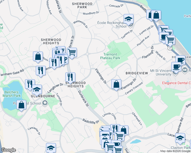 map of restaurants, bars, coffee shops, grocery stores, and more near 95 Knightsridge Drive in Halifax