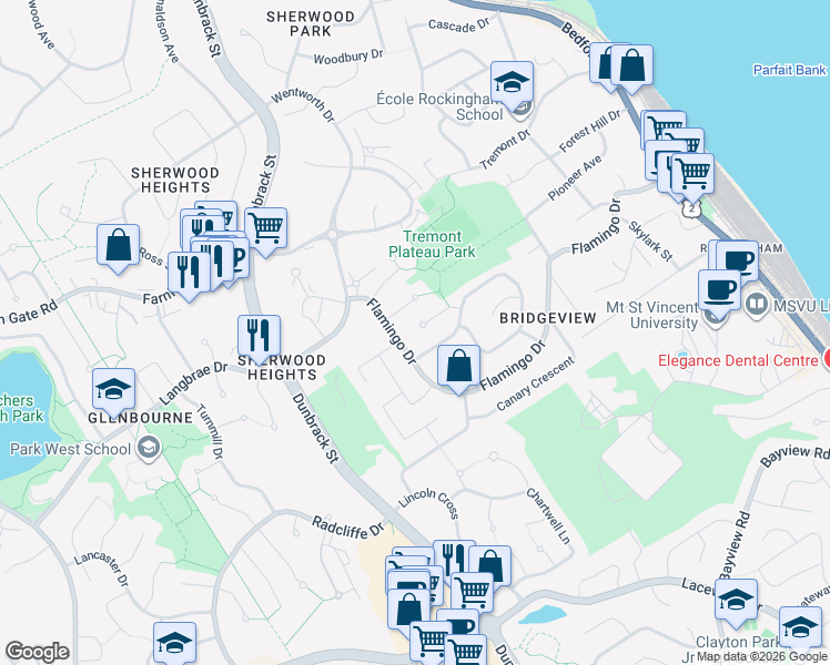 map of restaurants, bars, coffee shops, grocery stores, and more near 16 Bobolink Street in Halifax