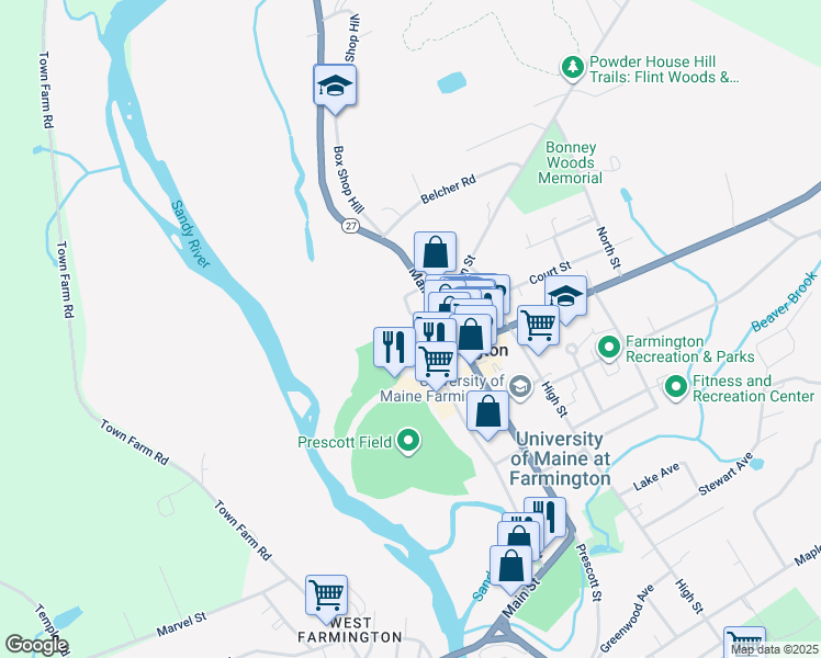 map of restaurants, bars, coffee shops, grocery stores, and more near 115 Pleasant Street in Farmington