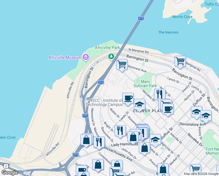 map of restaurants, bars, coffee shops, grocery stores, and more near 5820 Gainsborough Place in Halifax
