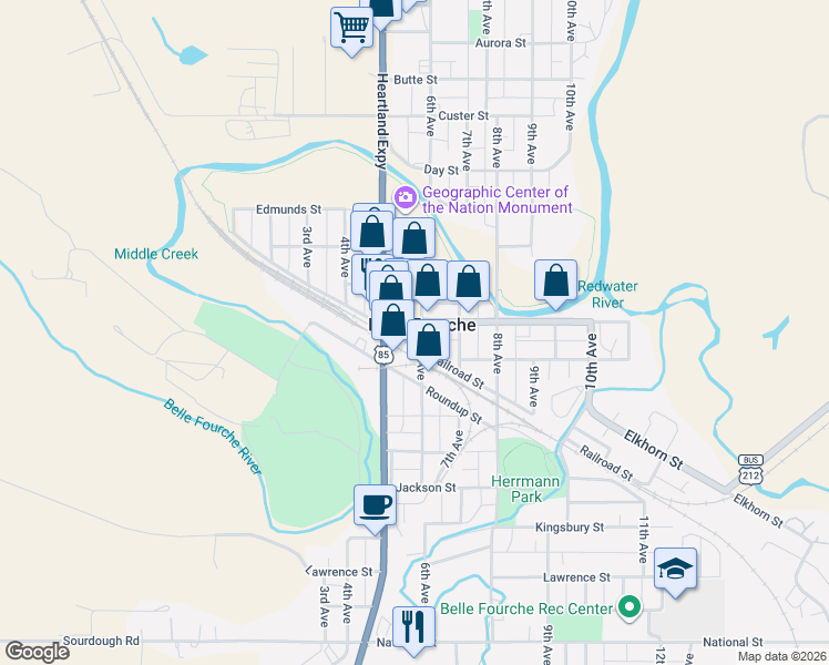 map of restaurants, bars, coffee shops, grocery stores, and more near 520 State Street in Belle Fourche