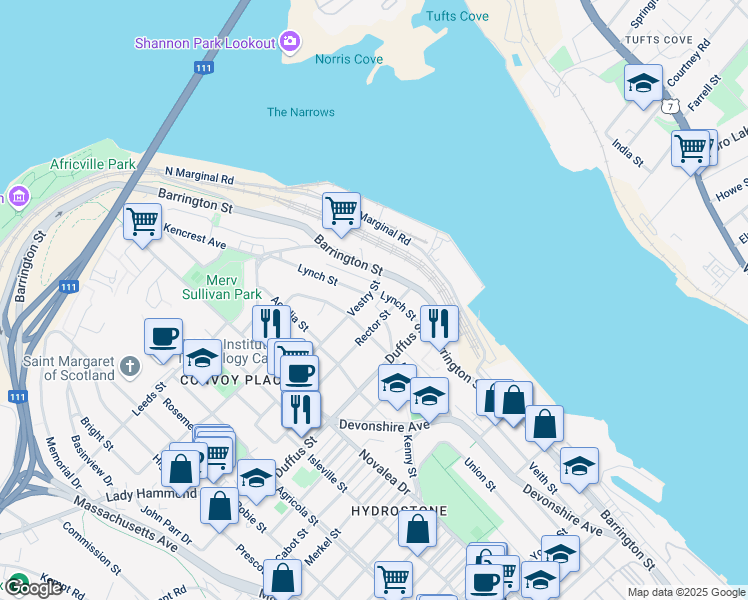 map of restaurants, bars, coffee shops, grocery stores, and more near 5250 Vestry Street in Halifax