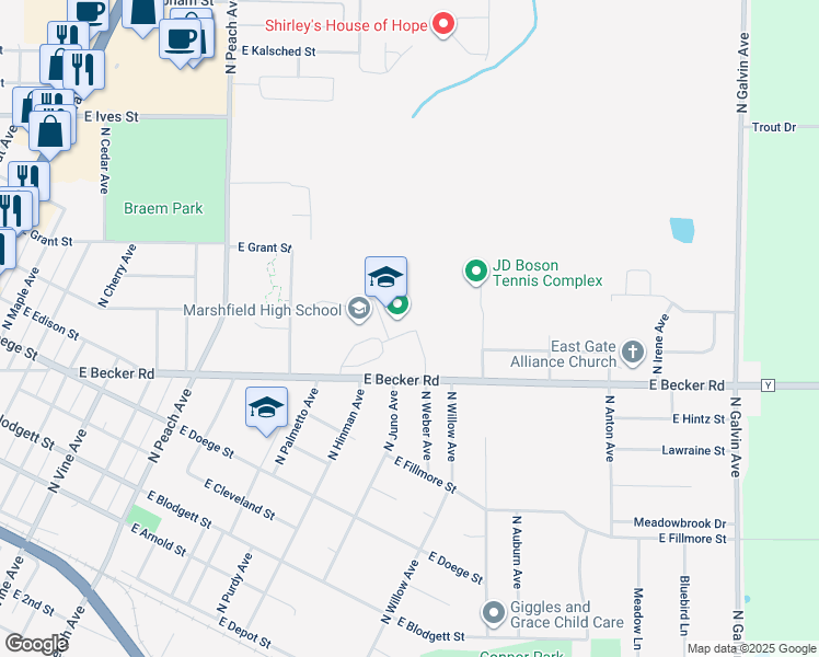 map of restaurants, bars, coffee shops, grocery stores, and more near 1401 East Becker Road in Marshfield