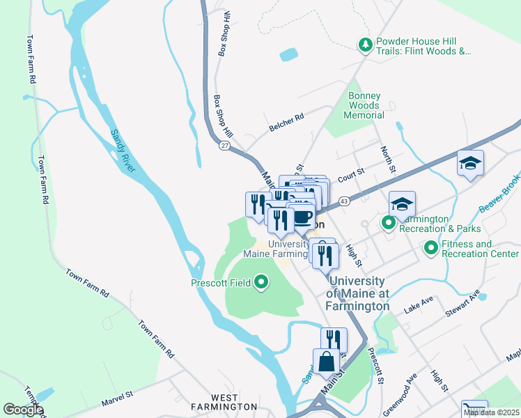 map of restaurants, bars, coffee shops, grocery stores, and more near 115 Pleasant Street in Farmington