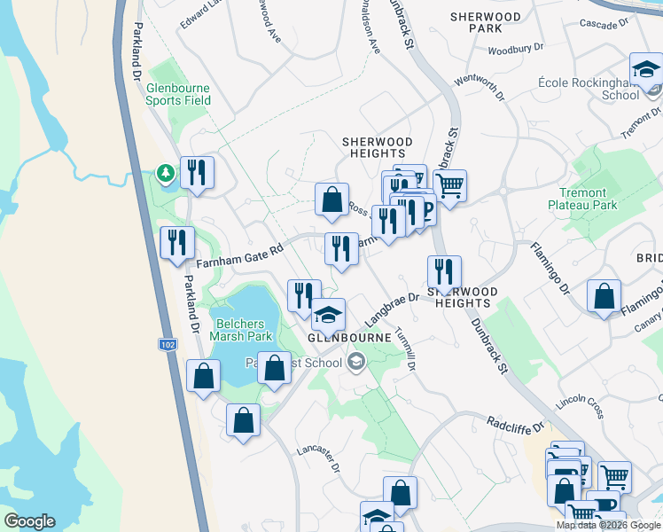 map of restaurants, bars, coffee shops, grocery stores, and more near 38 Montgomery Court in Halifax
