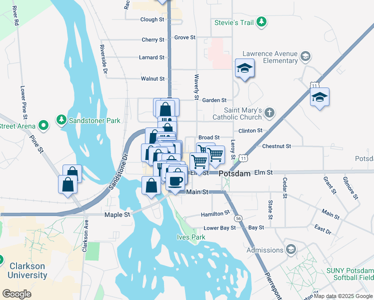 map of restaurants, bars, coffee shops, grocery stores, and more near 7 Beal Street in Potsdam