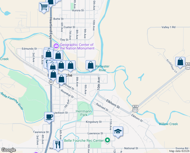 map of restaurants, bars, coffee shops, grocery stores, and more near 907 State Street in Belle Fourche