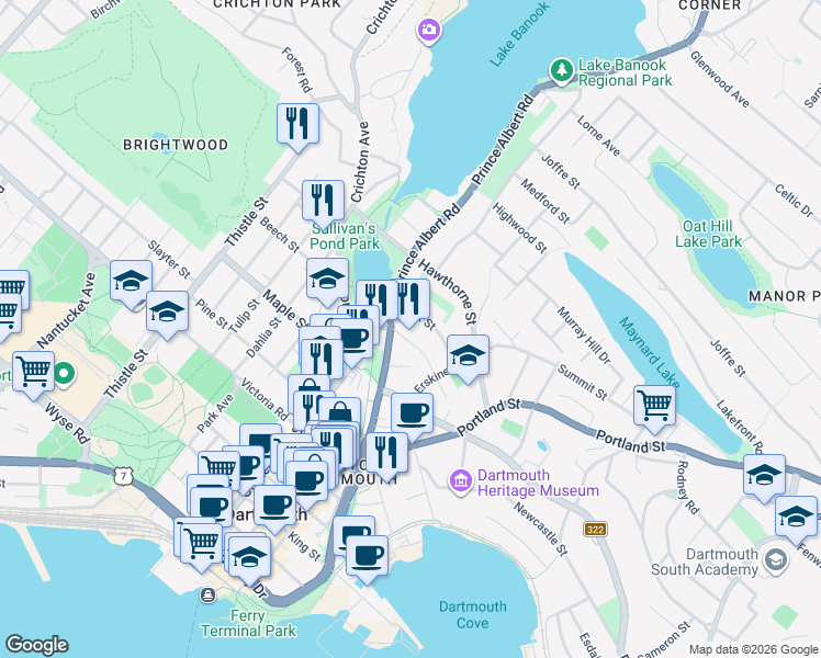 map of restaurants, bars, coffee shops, grocery stores, and more near 8 Eaton Avenue in Dartmouth