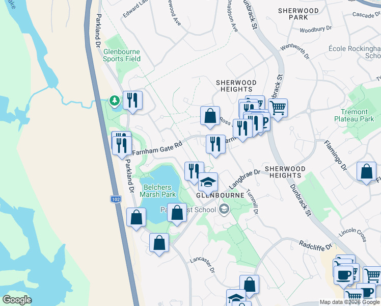 map of restaurants, bars, coffee shops, grocery stores, and more near 20 Glenbourne Court in Halifax
