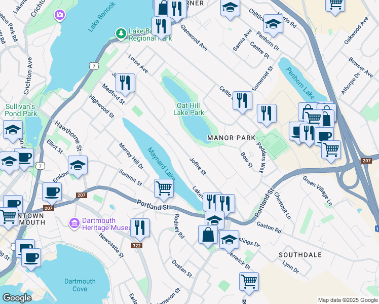 map of restaurants, bars, coffee shops, grocery stores, and more near 92 Joffre Street in Dartmouth