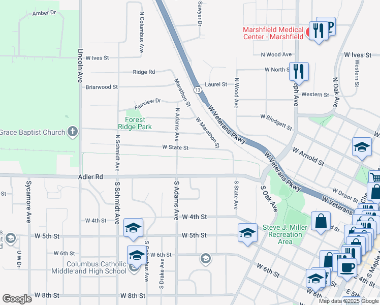 map of restaurants, bars, coffee shops, grocery stores, and more near 1010 West State Street in Marshfield