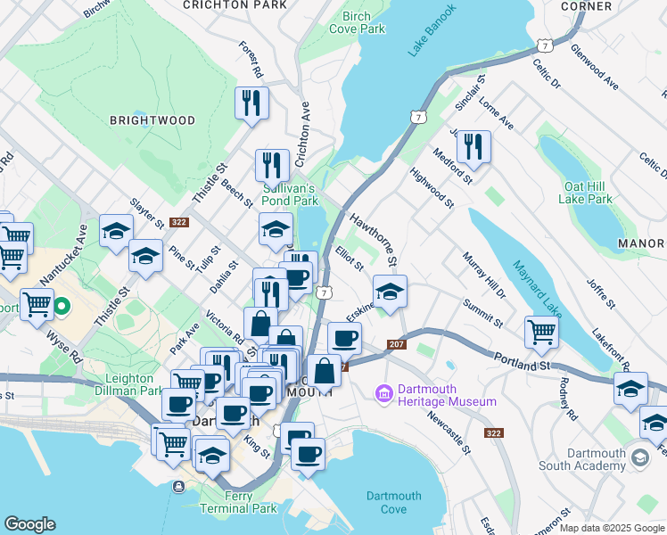 map of restaurants, bars, coffee shops, grocery stores, and more near 2 Eaton Avenue in Dartmouth