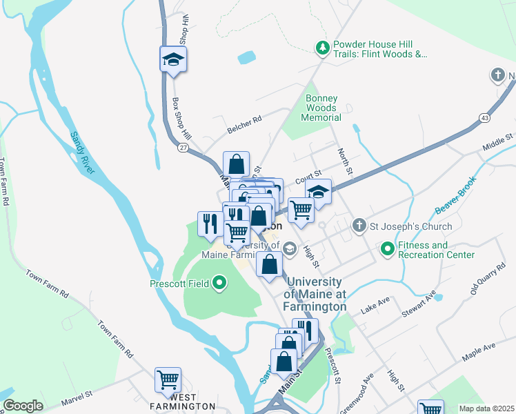map of restaurants, bars, coffee shops, grocery stores, and more near 113 Church Street in Farmington