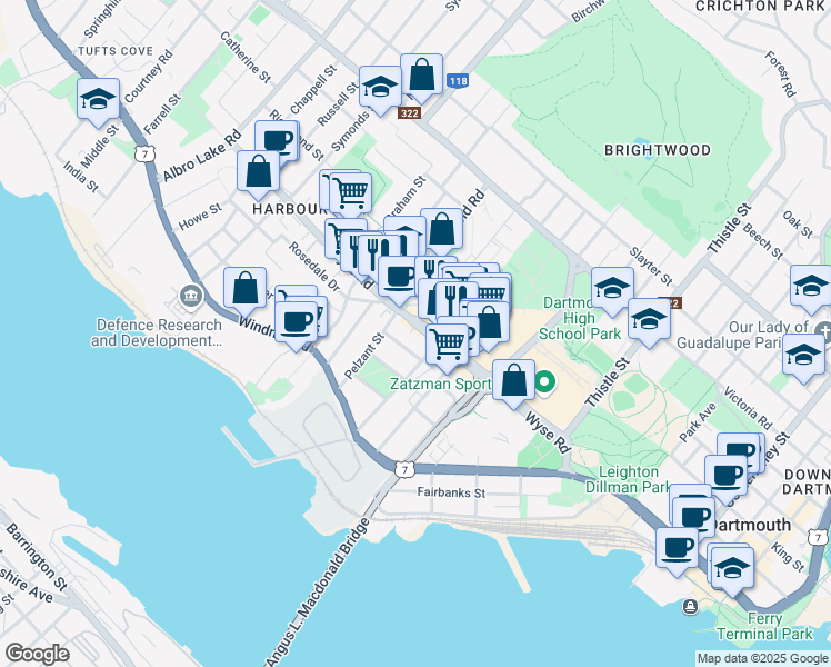 map of restaurants, bars, coffee shops, grocery stores, and more near 159 Wyse Road in Dartmouth