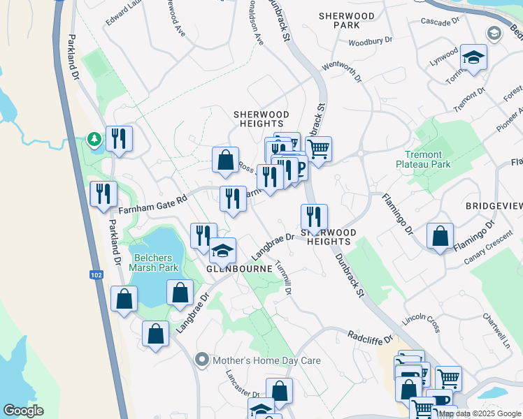 map of restaurants, bars, coffee shops, grocery stores, and more near 40 Chelton Woods Lane in Halifax
