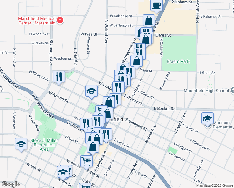 map of restaurants, bars, coffee shops, grocery stores, and more near 412 North Central Avenue in Marshfield