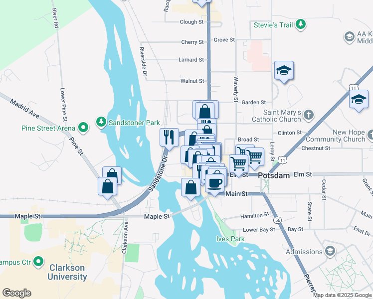 map of restaurants, bars, coffee shops, grocery stores, and more near 11 Willow Street in Potsdam