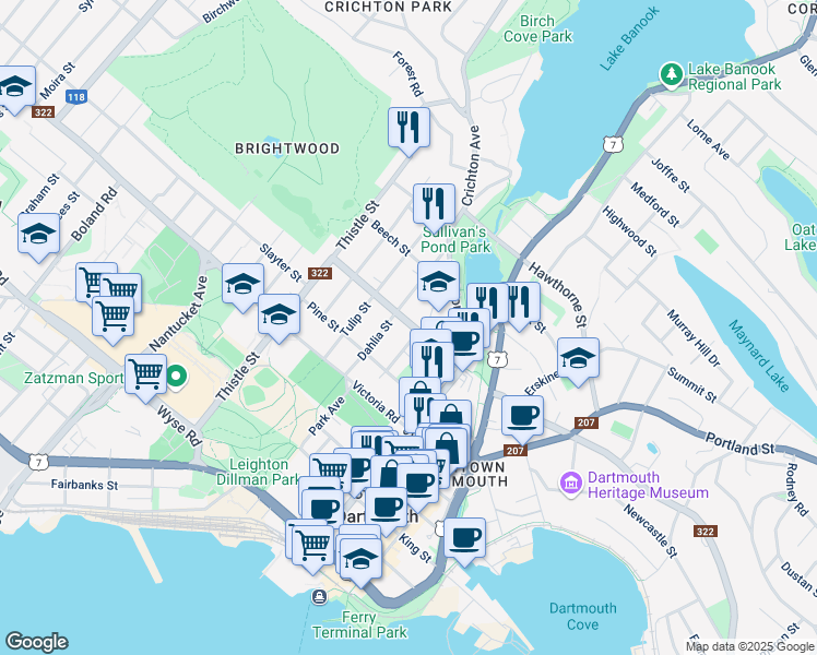 map of restaurants, bars, coffee shops, grocery stores, and more near 32 Dahlia Street in Dartmouth