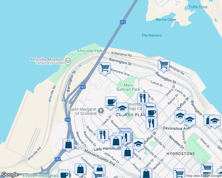map of restaurants, bars, coffee shops, grocery stores, and more near 5617 Carriageway Crescent in Halifax