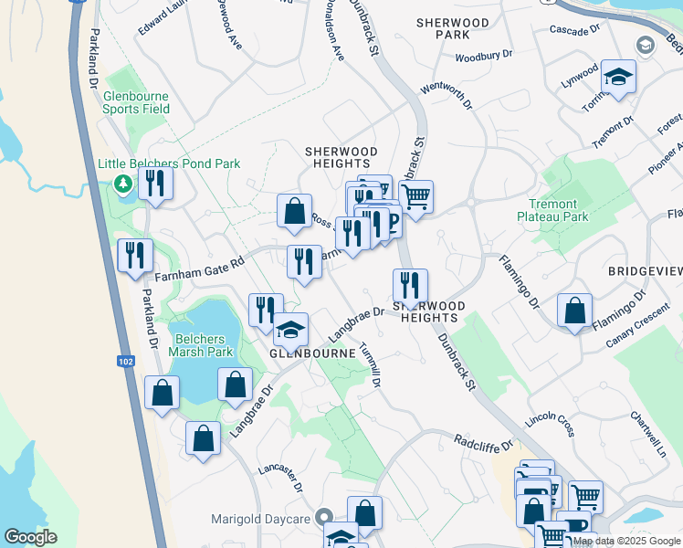 map of restaurants, bars, coffee shops, grocery stores, and more near 40 Farnham Gate Road in Halifax