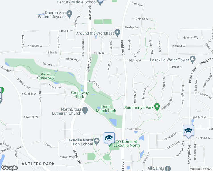map of restaurants, bars, coffee shops, grocery stores, and more near 19121 Inman Court in Lakeville