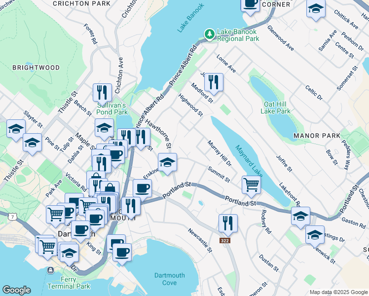 map of restaurants, bars, coffee shops, grocery stores, and more near 9 Dunolly Street in Dartmouth