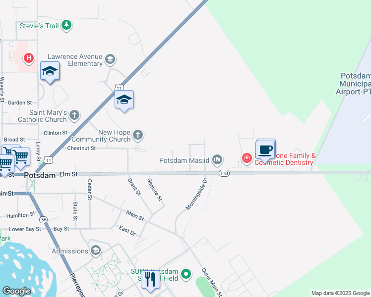 map of restaurants, bars, coffee shops, grocery stores, and more near 9 Wellings Dr in Potsdam