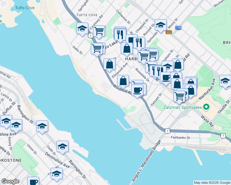 map of restaurants, bars, coffee shops, grocery stores, and more near 223 Windmill Road in Dartmouth