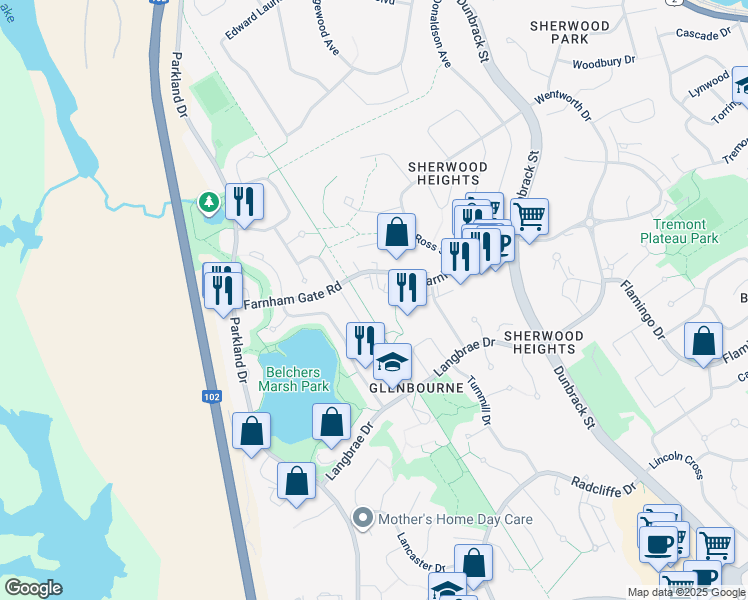 map of restaurants, bars, coffee shops, grocery stores, and more near 25 Montgomery Court in Halifax