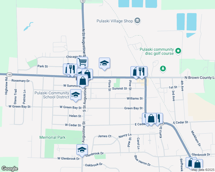 map of restaurants, bars, coffee shops, grocery stores, and more near 135 Flora St in Pulaski