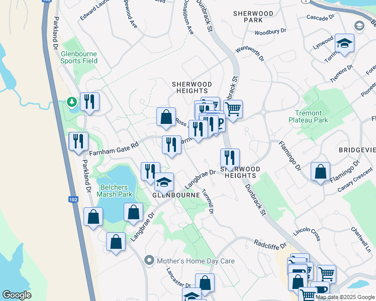 map of restaurants, bars, coffee shops, grocery stores, and more near 40 Farnham Gate Road in Halifax