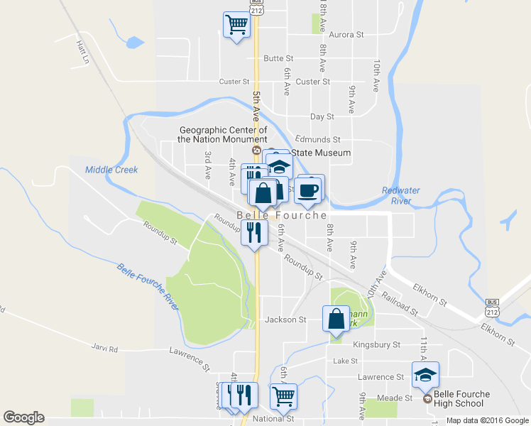 map of restaurants, bars, coffee shops, grocery stores, and more near 508 State St in Belle Fourche