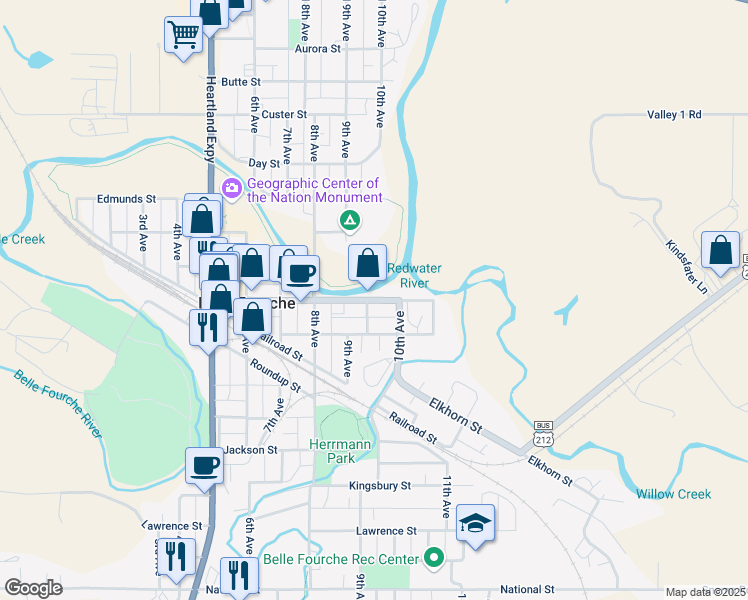 map of restaurants, bars, coffee shops, grocery stores, and more near 919 State Street in Belle Fourche