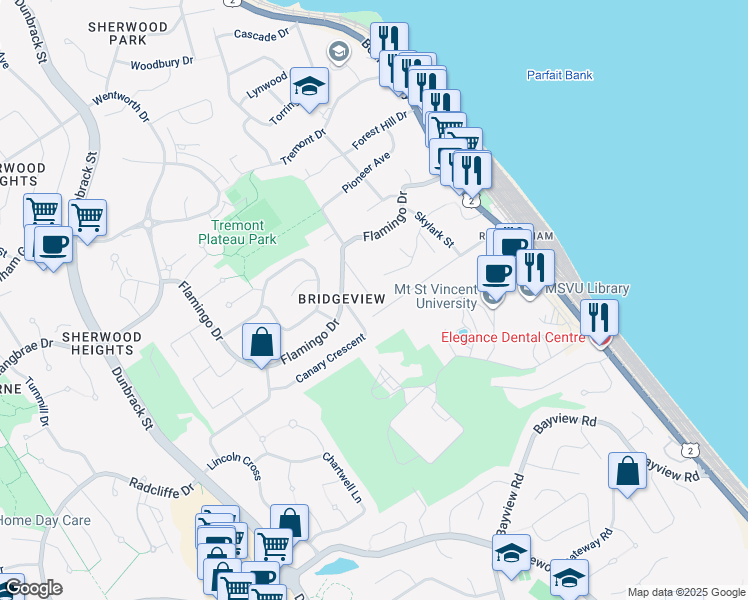 map of restaurants, bars, coffee shops, grocery stores, and more near 17 Swallow Street in Halifax