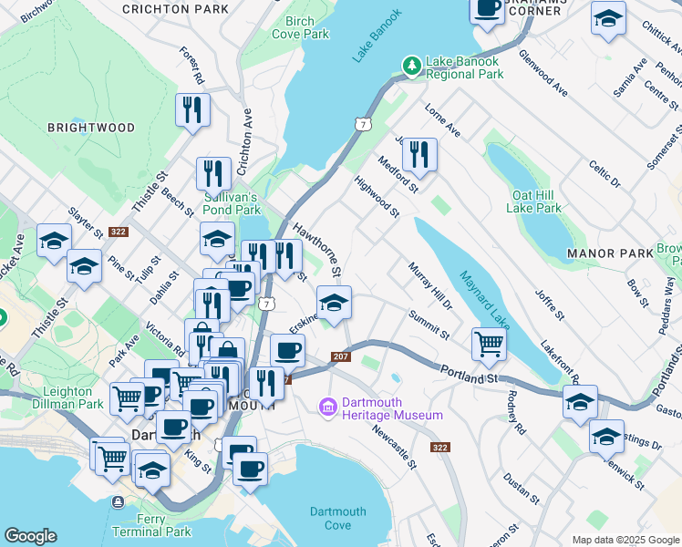map of restaurants, bars, coffee shops, grocery stores, and more near 43 Hawthorne Street in Dartmouth