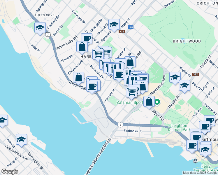map of restaurants, bars, coffee shops, grocery stores, and more near 21 Brookside Avenue in Dartmouth