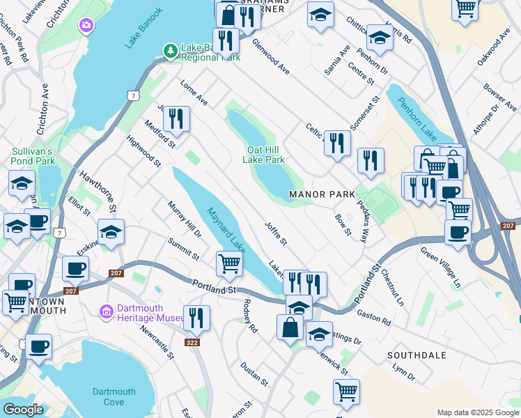 map of restaurants, bars, coffee shops, grocery stores, and more near 92 Joffre Street in Dartmouth