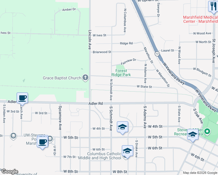 map of restaurants, bars, coffee shops, grocery stores, and more near 1154 West State Street in Marshfield