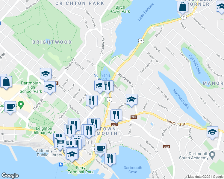 map of restaurants, bars, coffee shops, grocery stores, and more near 97 Prince Albert Road in Dartmouth