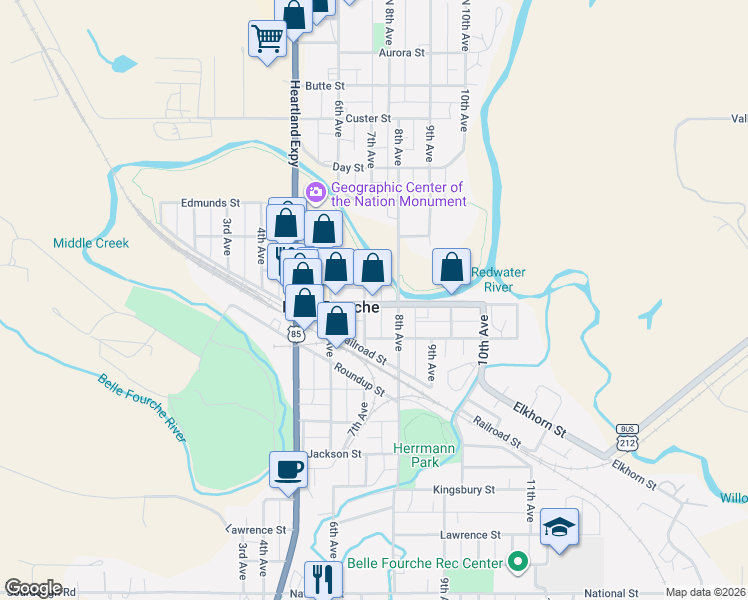 map of restaurants, bars, coffee shops, grocery stores, and more near 705 State St in Belle Fourche