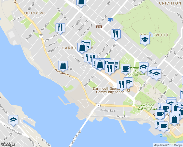 map of restaurants, bars, coffee shops, grocery stores, and more near 27 Pelzant Street in Dartmouth